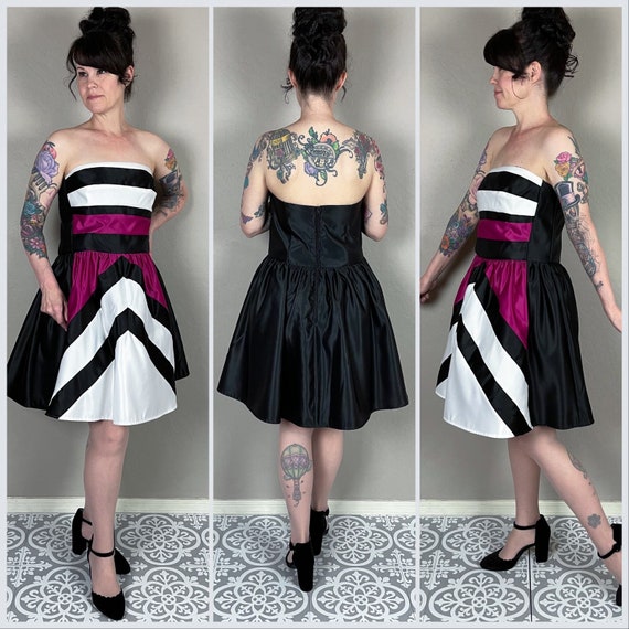 Vintage Y2K Strapless Colorblock Fit and Flare Mi… - image 2