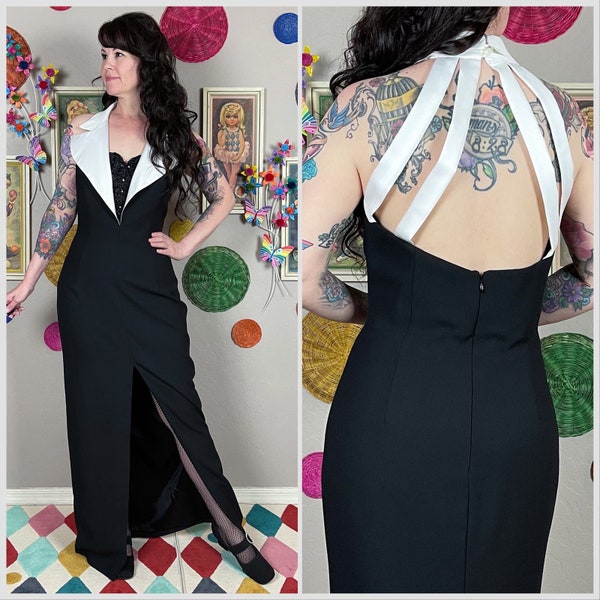 Vintage 1990s Black and White Sleeveless Tuxedo Gown by Ever Beauty | Menswear Inspired | Avant-Garde | Prom | 30" Waist