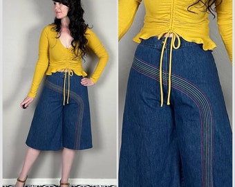 Vintage 1970s Wide Leg Denim Culottes With Rainbow Stitching - Jean Gauchos - 26"/27" Waist