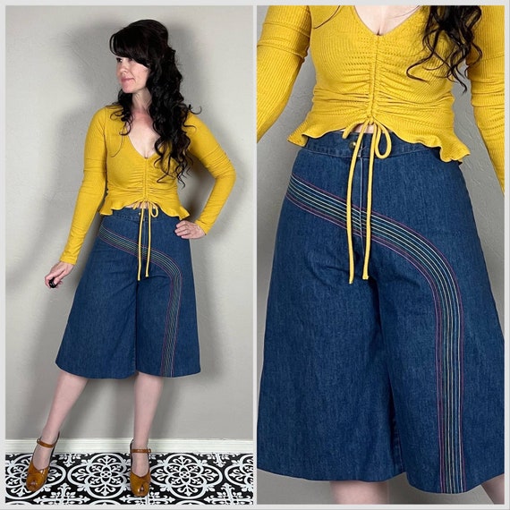 DENIM SAILOR JEANS Wide Leg Boho Bohemian Culotte High Waist 