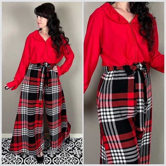 Vintage 1970s Red and Black Plaid Wide Leg Palazzo Jumpsuit by Jcpenney Holiday Christmas Loungewear Hostess 32 Waist Etsy UK