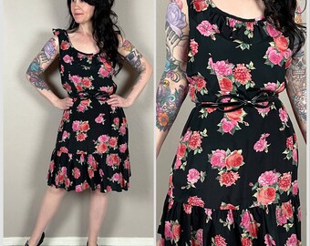 Vintage 1990s Floral Print Sleeveless Ruffle Mini Dress - 30" Waist