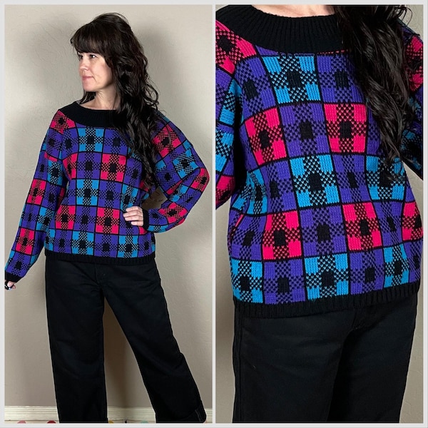 Vintage 1980s Colorful Hot Pink and Purple Plaid Cropped Pullover Sweater by In Resource | Cabincore | New Wave | Academia | M/L
