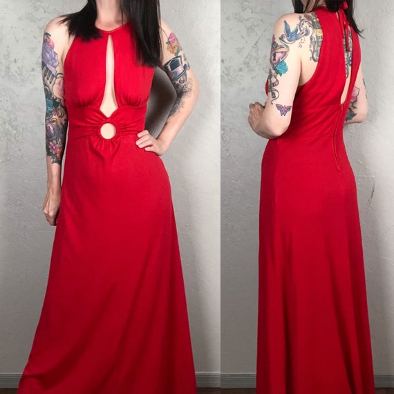 Vintage 1960s/70s Sexy Red Halter Maxi Dress