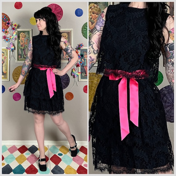 Vintage 1970s Black Sleeveless Tiered Lace Mini D… - image 1