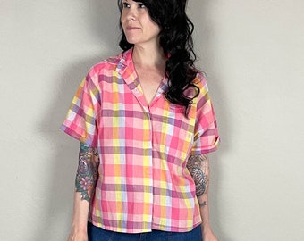 Vintage 1970s Pastel Plaid Short Sleeve Button Up Top by Honors Sports - S/M