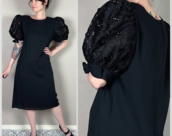 Vintage 1980s Black Chiffon Lace Puff Sleeve Shift Dress - M/L