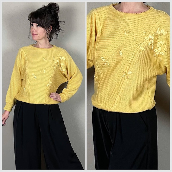 Vintage 1980s Yellow Floral Embroidered Sweater b… - image 1