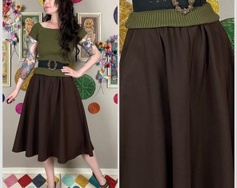 Vintage 1970s Brown High Waist A-Line Midi Skirt by California Clothing Company | Academia | Work Wear | 28" Waist