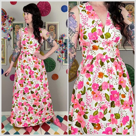Vintage 1970s White and Pink Hawaiian Floral Sleeveless Cotton Maxi Dress Tiki Wedding Guest Valentine s Day 27 28 Waist Etsy Canada