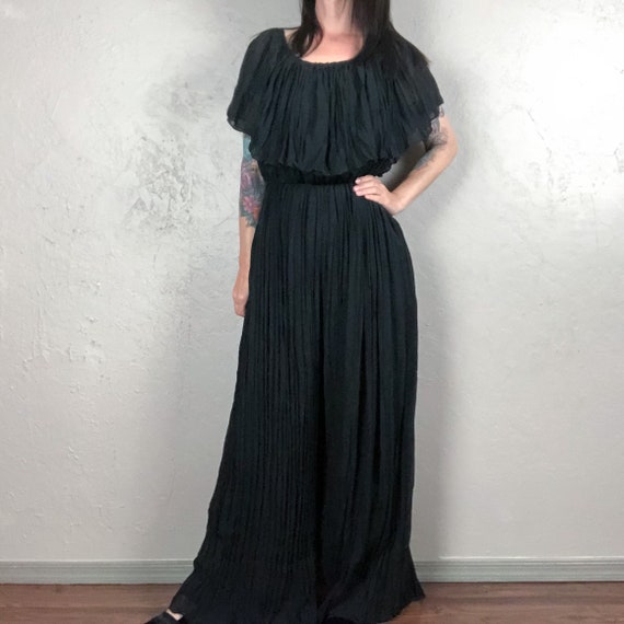 Vintage 1980s Black Accordion Pleated Wide Leg Jum