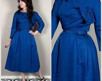 Vintage 1950s Cobalt Blue Fit and Flare Midi Party Dress | Swing Dress | Mrs. Maisel | Cerulean | Royal Blue | 26" Waist