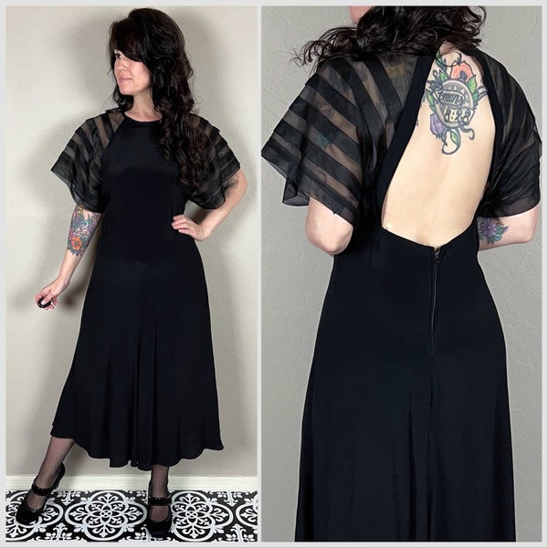 Vintage 1980s Black Puffy Sleeve Backless Midi Dress by Alicia - 30" Waist