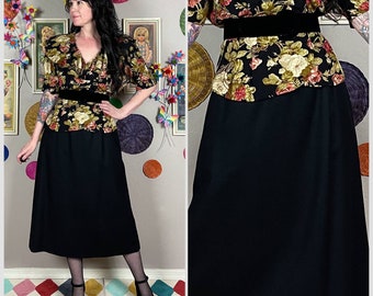 Vintage 1980s Black Wool High Waisted A-Line Midi Skirt by Evan-Picone - 29" Waist