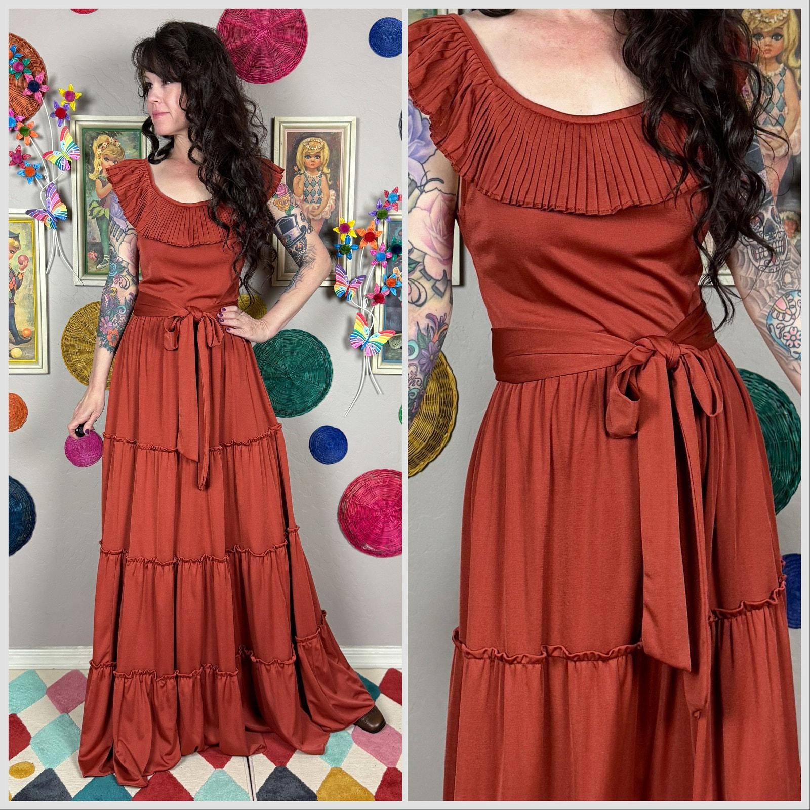 Vintage 1970s Copper Ruffle Tiered Sleeveless Maxi Dress by