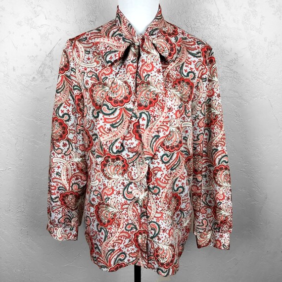 Vintage 1970s Button Up Pussy Bow Secret Paisley B