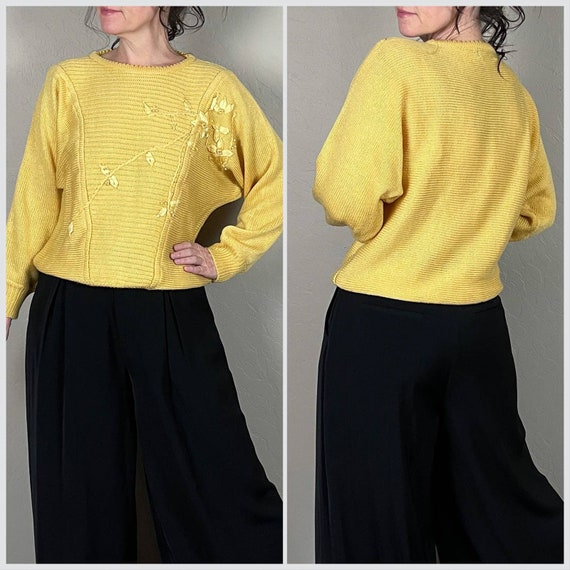 Vintage 1980s Yellow Floral Embroidered Sweater b… - image 3
