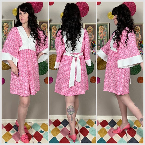 Vintage 1970s Pink Angel Bell Sleeve Mini Dress |… - image 2