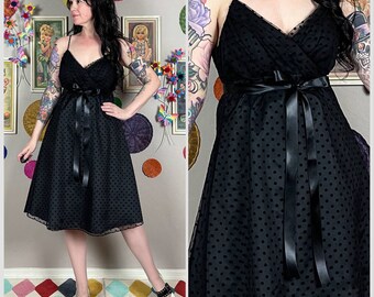 Vintage 1990s Black Polka Dot Tulle Babydoll Dress by ONYX Nite | Cocktail | Party | Dance | Homecoming | Medium