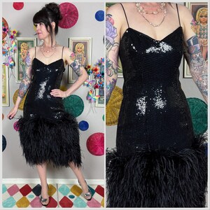 Vintage 1970s Black Sequins and Ostrich Feather Cocktail Dress by St. Martin | Pinup | Glam | Show Girl | Prom | 28&quot; Waist