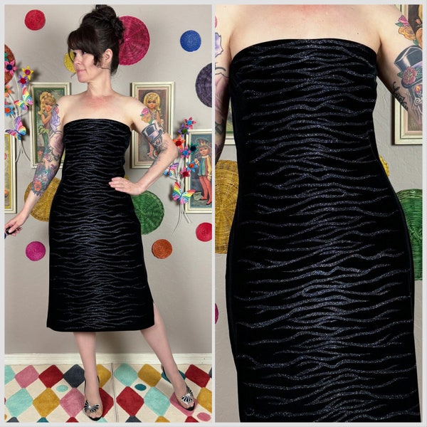 Vintage Y2K Black Strapless Velvet Silver Tiger Stripe Dress by Chesley | Goth | Glam Rock | Cocktail | Medium - Large