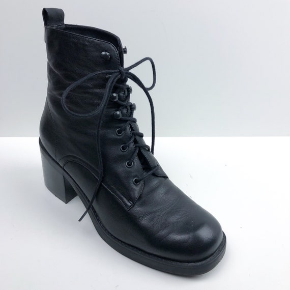 Vintage 80s Black Leather Lace Up Boots - Chunky H