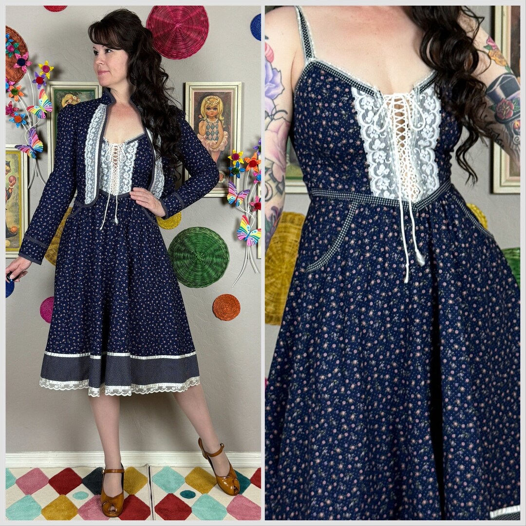 Vintage 1970s Gunne Sax Blue Calico Ditsy Floral Corset Sundress and ...