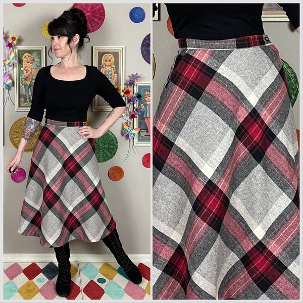 Vintage 1970s Grey and Red Wool Plaid High Waist A-line Skirt by Panther | Dark Academia | Rockabilly | Goth | 26" Waist