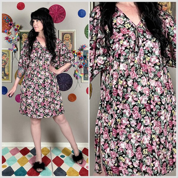 Vintage 1970er Jahre Schwarz Floral Kurzarm Nachtkleid | Nachthemd | Romantisch | Grunge | Klein | Mittelgroß