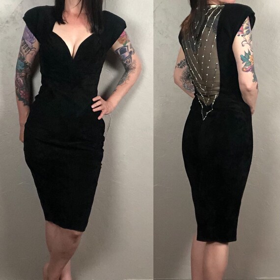 Vintage 1980s Sexy Black Leather and Crystals Dres