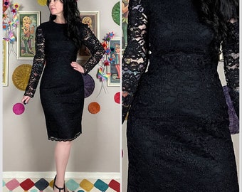 Vintage 1980s Black Lace Illusion Long Sleeve Mini Wiggle Dress | Custom Made by Beth | Gothic Lace Dress | 26" Waist