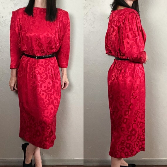 Vintage 1980s Red Silk Dolman Sleeve Dress