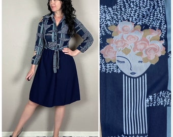 Vintage 1960s Blue Lady Print Shirtwaist Mini Dress by Jerell of Texas - XS/S