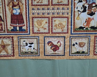 Farmer gal, cow , and chicken fabric panel