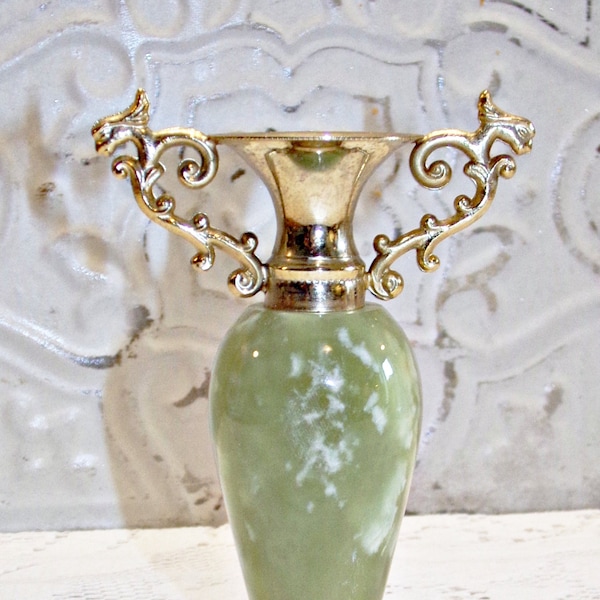 France Vintage - Joli Petit Vase en Onyx vert et métal doré - Décoration Shabby - Romantique