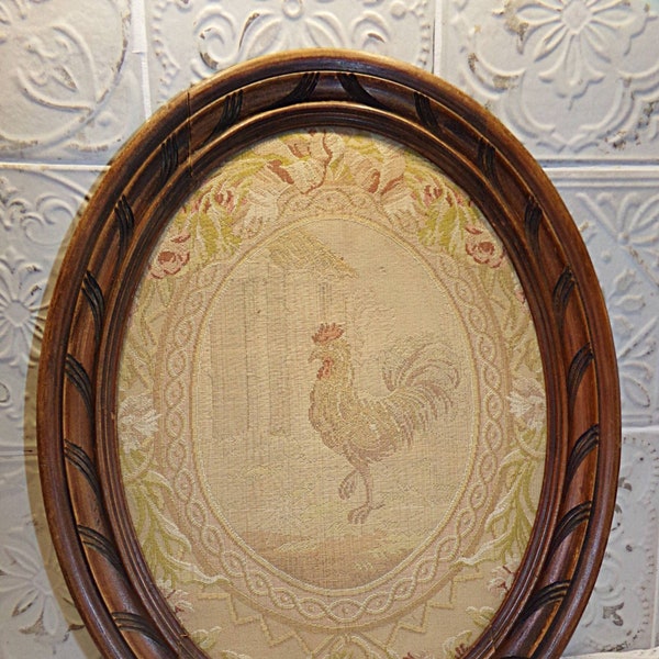 France 1930 - Ancien Cadre Ovale en Bois Sculpté avec Tapisserie COQ - French Antic frame with tapestry