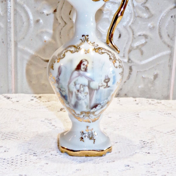 Vintage France - Small Limoges Porcelain Ewer / Vase / Soliflore - Religious Scene