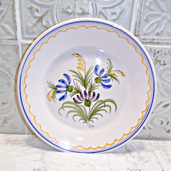 FRANCE - Assiette Décorative en faience -  Décor Fleuri Fait-main