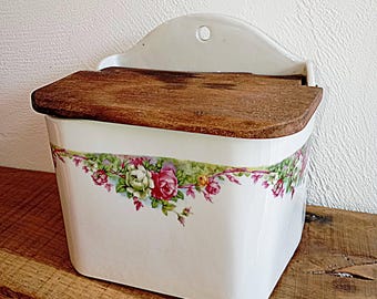 Vintage Frankrijk - Antieke keramische en houten zoutdoos - Franse boerderij - Shabby