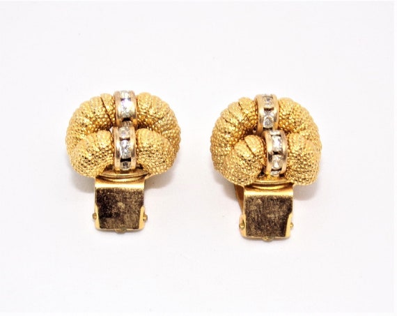 Boucles D'oreilles Vintage Années 50 - Doré Et Strass, Fermoir Clip