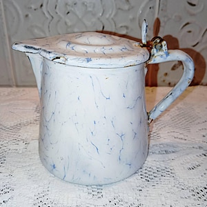 RARE France Vintage 1950- Antique Blue and White Marbled Enamel Pitcher- French Antique Milk Pot - Country Chic, Shabby Chic, Kitchen Decor