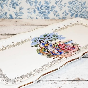 France Vintage - Plat Ancien à cake / bûche en porcelaine avec décor Japonisant - Shabby Chic