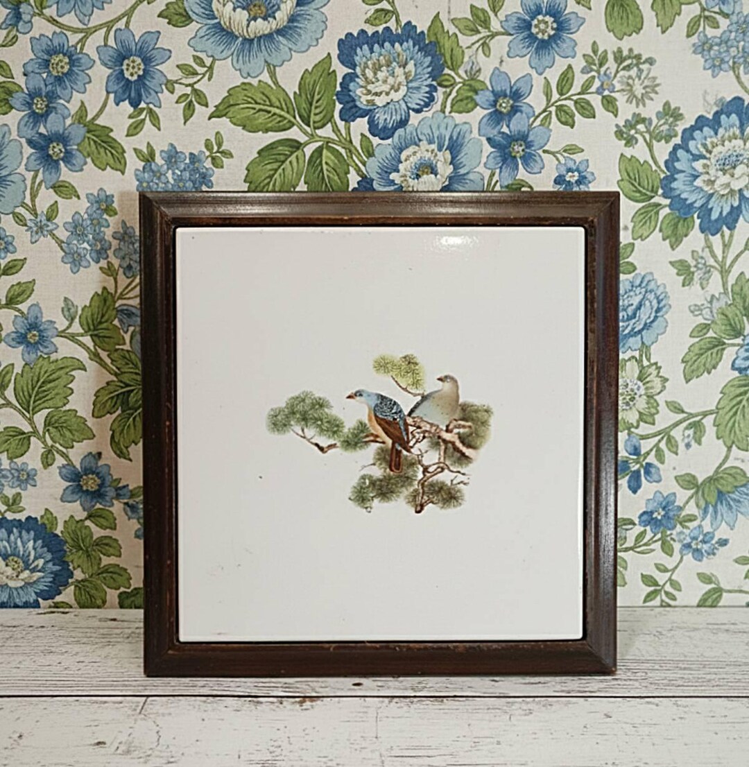 Ancien Dessous De Plat Vintage France - Carreau Céramique à Scène Japonaise, Cadre Bois