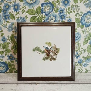 Peut inclure: Carreau de céramique carré encadré avec deux oiseaux perchés sur une branche avec un feuillage vert. Les oiseaux ont des plumes bleues, marron et grises. Le cadre est marron foncé. Le fond est blanc.