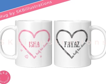 Half his deen wedding gift Anniversary mug Cute couple muslim husband wife Newly weds gift Honeymoon couple &quot;HALF HIS DEEN heart mug set&quot;
