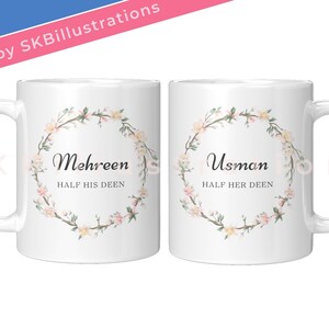 Half deen Muslim couple wedding gift Marriage anniversary islamic Muslim custom Couple mug &quot;SPRING WEDDING WREATH half his deen mug set&quot;