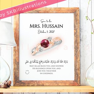 Puede incluir: Un cartel de boda imprimible con un anillo de oro y plata con una piedra preciosa roja. El cartel dice "Próximamente Sra. Hussain" y "5 de octubre de 2027". También incluye una bendición árabe que se traduce como "Que Allah te bendiga a ti y a tu cónyuge, y que los una en la bondad."