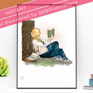 Hijabi girl gift Modest fashion illustration Muslimah art Islamic gift art for hijabi woman Muslim entrepreneur gift &quot;THE BOOKWORM yellow&quot;