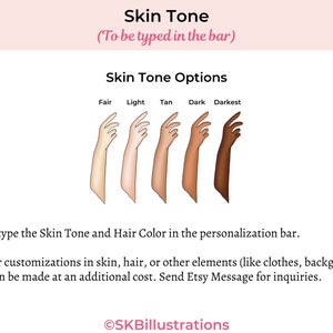 May include: Five different skin tones are shown as arms, labeled from left to right: Fair, Light, Tan, Dark, Darkest.  This image is for selecting a skin tone for a custom illustration.