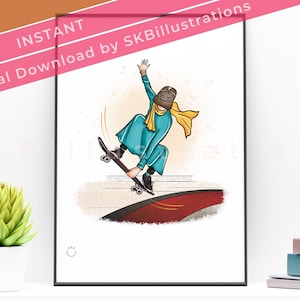 Hijabi skateboard girl Modest fashion illustration Muslimah art Islamic gift art for hijabi woman Muslim entrepreneur gift &quot;RIDE WITH PRIDE&quot;
